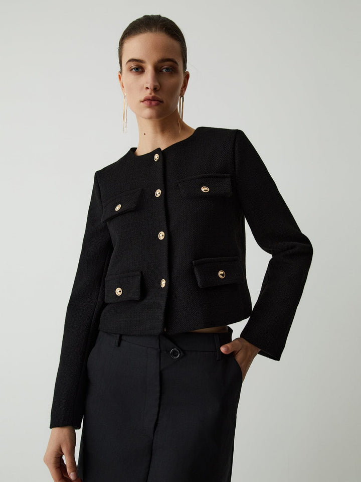 Kurze Tweedjacke für Damen mit goldenen Knöpfen und Rundhalsausschnitt – Miriam