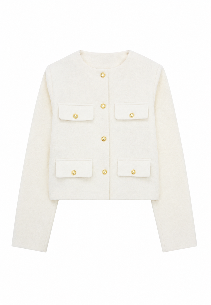 Kurze Tweedjacke für Damen mit Rundhalsausschnitt und Taschen – Susie