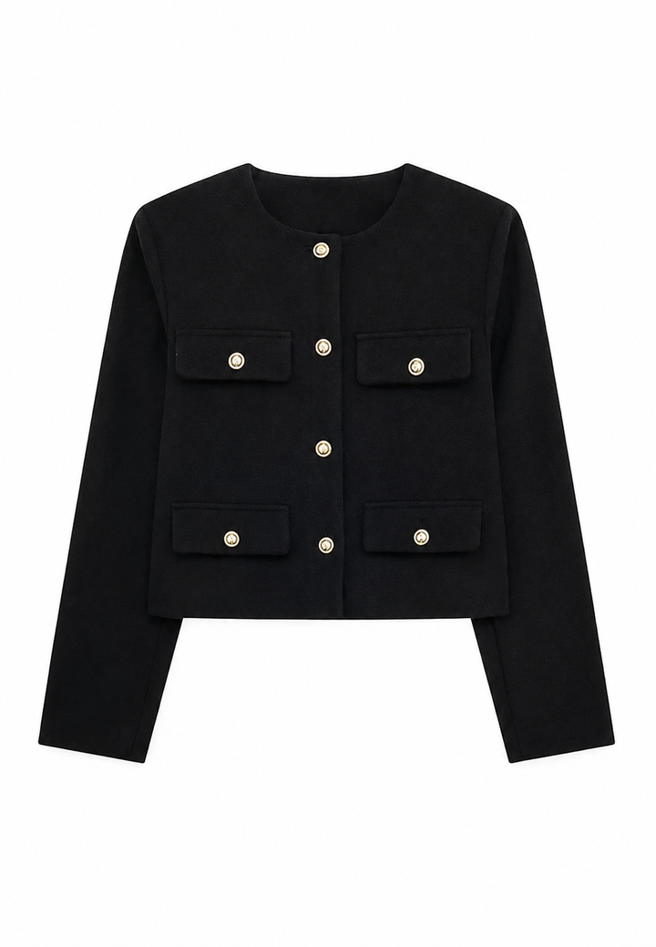Kurze Tweedjacke für Damen mit Rundhalsausschnitt und Taschen – Susie
