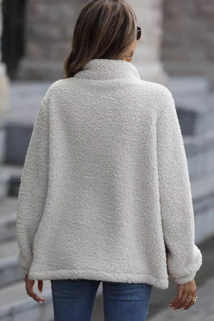 Élise - Sherpa-Jacke mit Reißverschluss und Stehkragen mit Leoparden-Patches