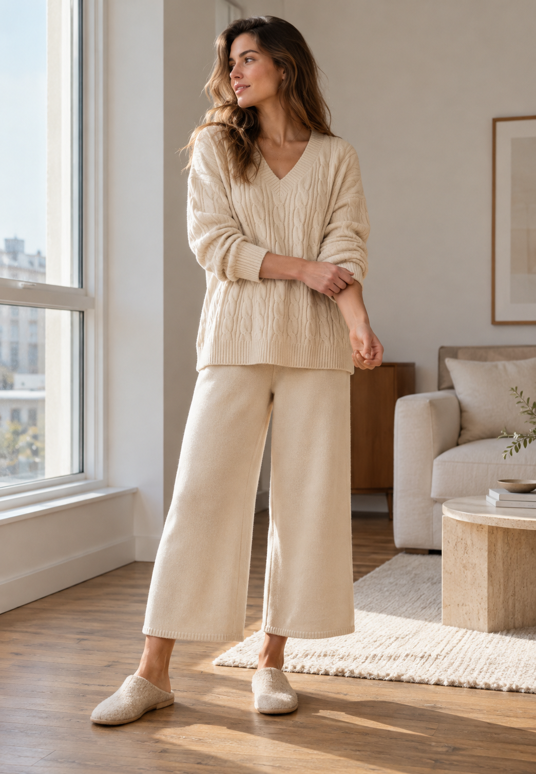 Damen-Zopfstrickset aus Pullover mit V-Ausschnitt und weiter Hose - Nélida