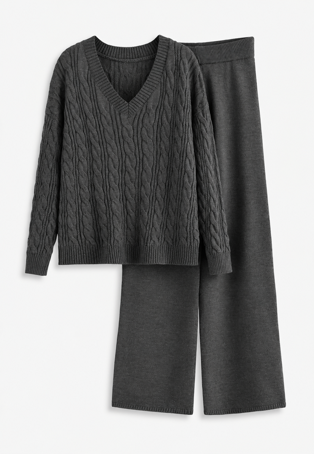 Damen-Zopfstrickset aus Pullover mit V-Ausschnitt und weiter Hose - Nélida