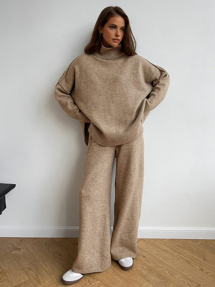 Strick-Set für Damen mit Rollkragenpullover und weit geschnittener Hose – Elske