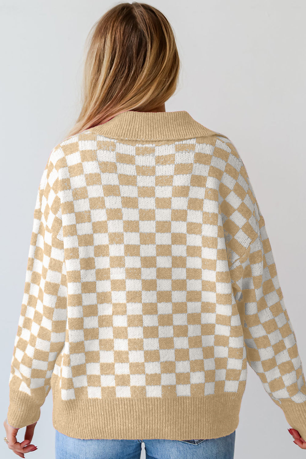 Aude - Karierter V-Ausschnitt Pullover mit Knöpfen und hängenden Schultern