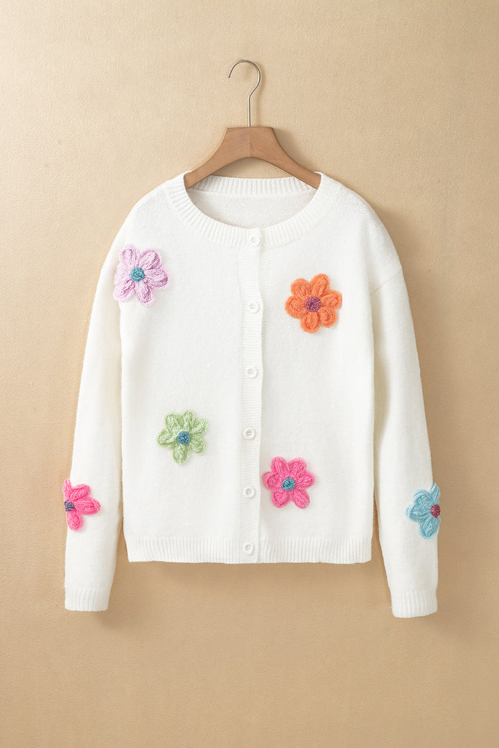 Arielle - Niedliche, gestrickte Strickjacke mit Blumenmuster und Knöpfen
