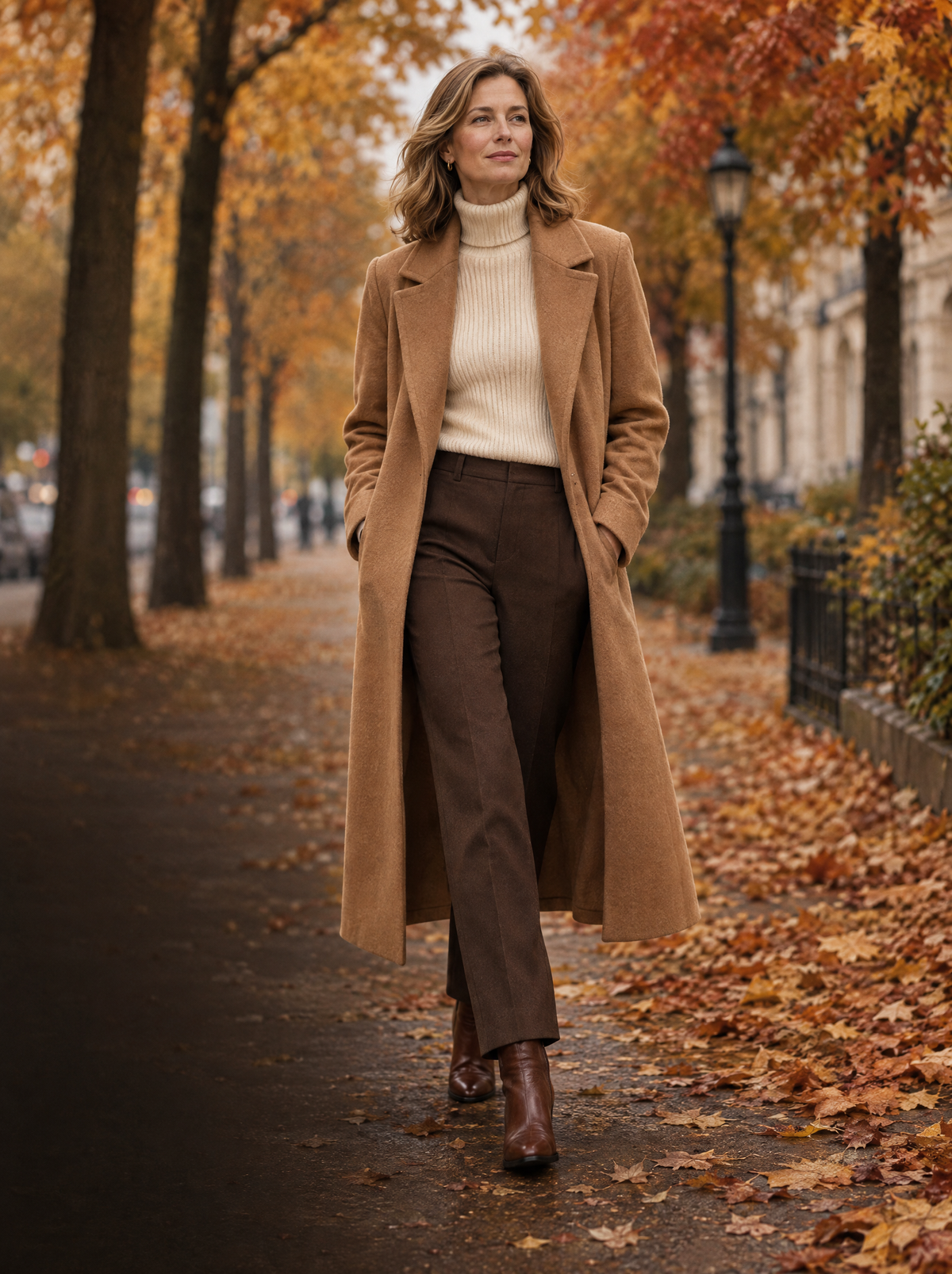 Frau im langen Camel-Wollmantel auf einer herbstlichen Allee