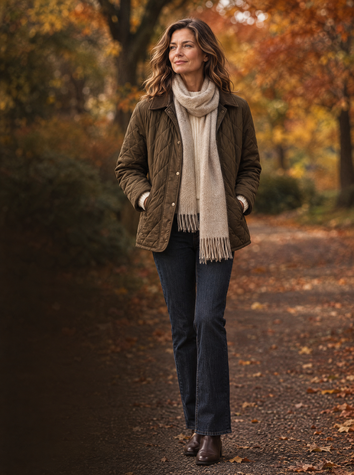 Frau in olivbrauner Steppjacke mit Wollschal im Herbstpark