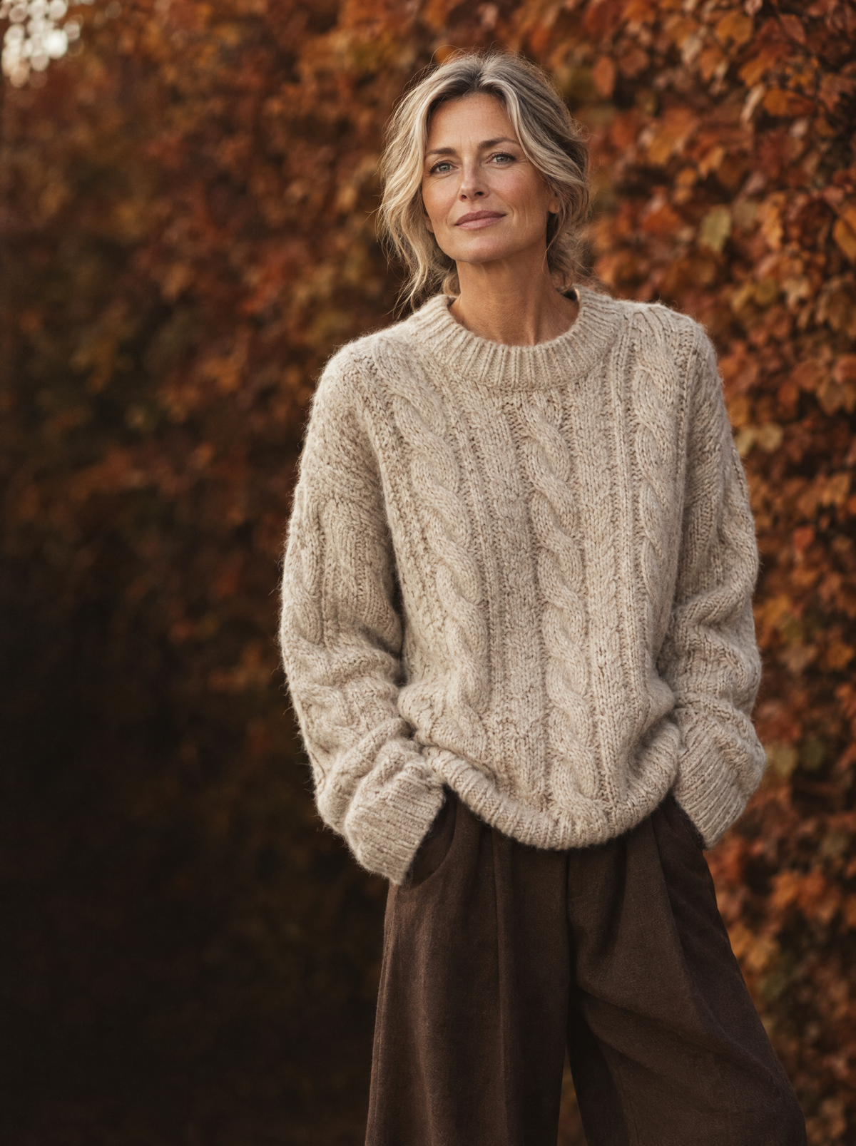 Frau im cremefarbenen Zopfstrick-Pullover vor herbstlichem Laub