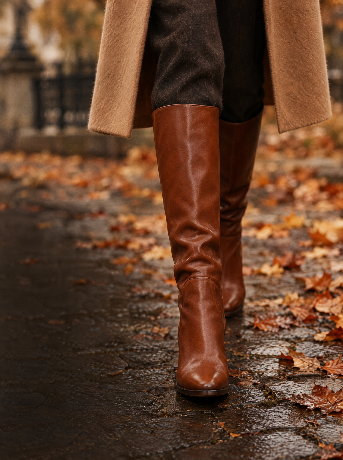 Cognacfarbene Damenstiefel auf herbstlichem Kopfsteinpflaster