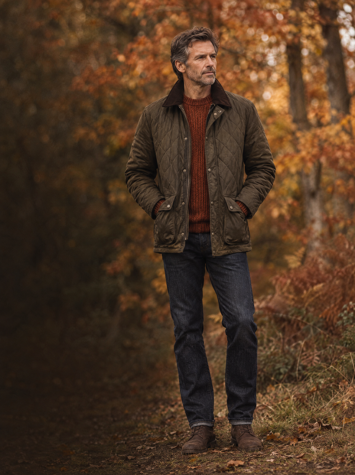 Mann in olivbrauner Steppjacke am herbstlichen Waldrand