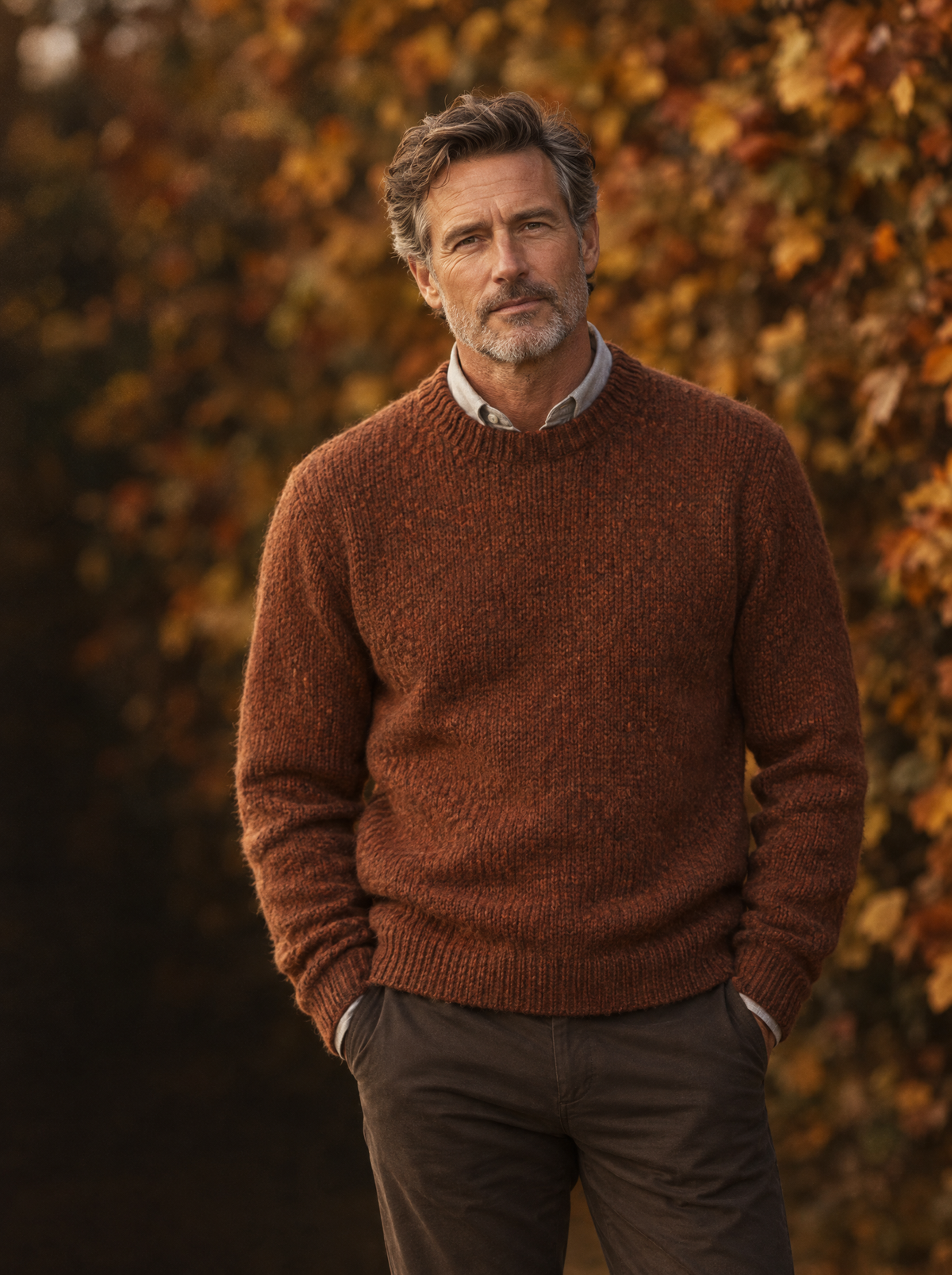 Mann im rostbraunen Grobstrick-Pullover vor goldenem Herbstlaub