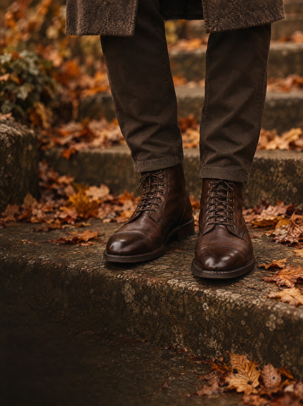 Dunkelbraune Herren-Lederstiefel auf herbstlichen Steinstufen