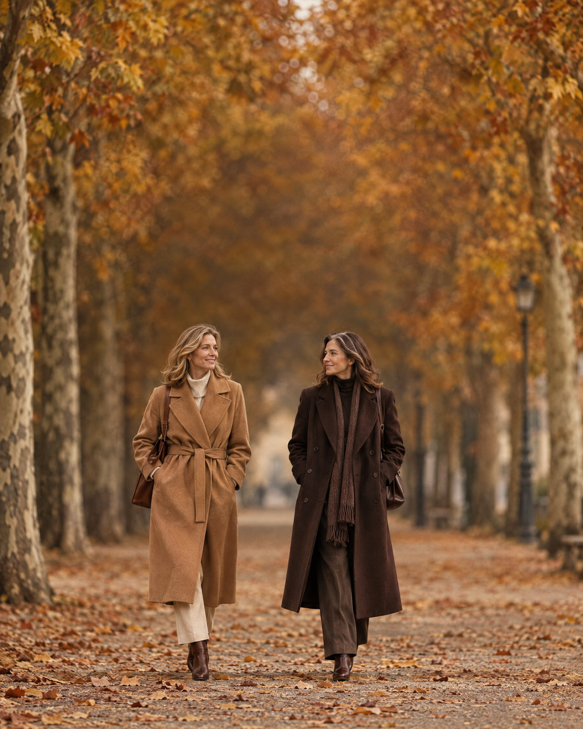 Zwei Frauen in langen Wollmänteln auf einer goldenen Herbstallee