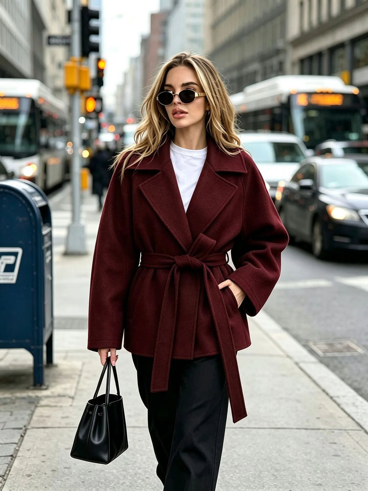 Kurze Tuchjacke mit Gürtel und Revers - Calina