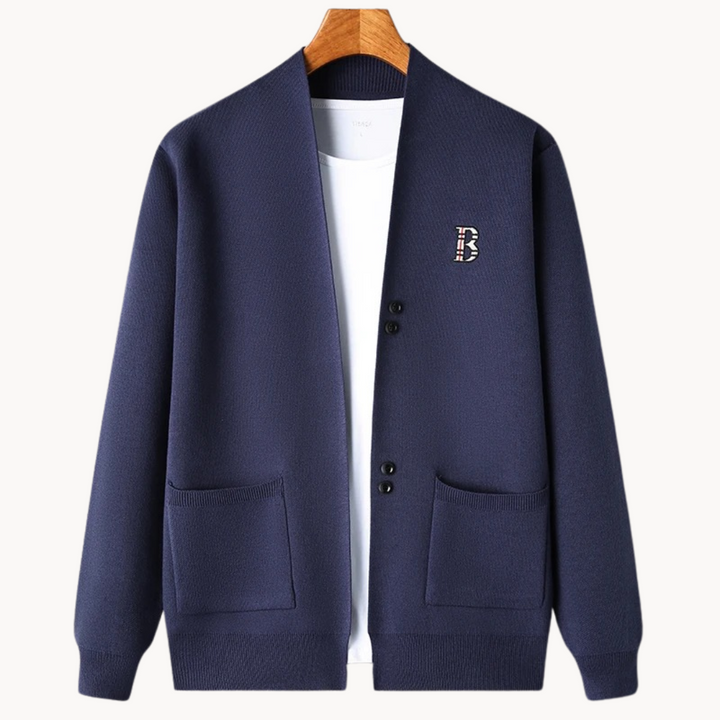 Gerade geschnittene Herrenstrickjacke mit breitem Kragen - Einar