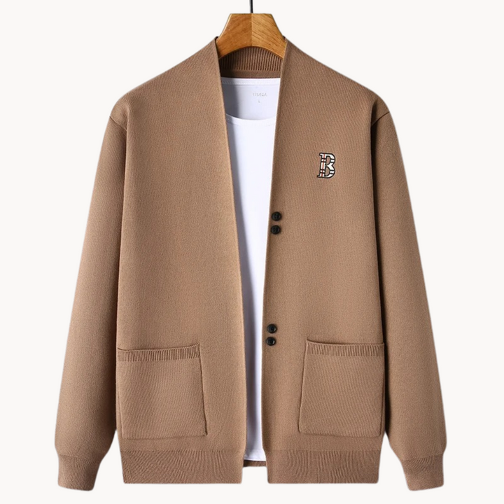 Gerade geschnittene Herrenstrickjacke mit breitem Kragen - Einar