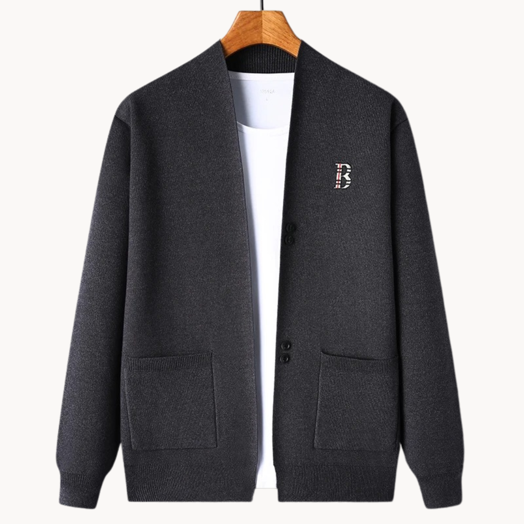 Gerade geschnittene Herrenstrickjacke mit breitem Kragen - Einar