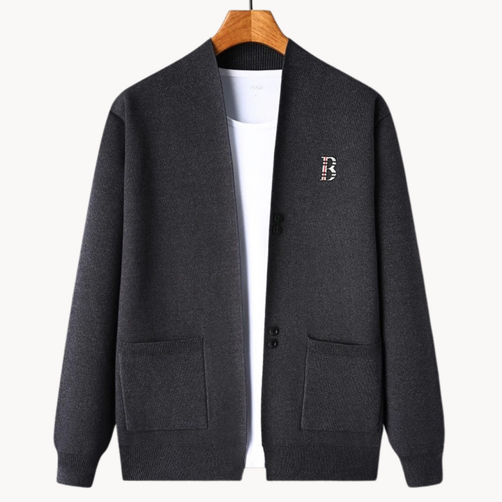 Gerade geschnittene Herrenstrickjacke mit breitem Kragen - Einar