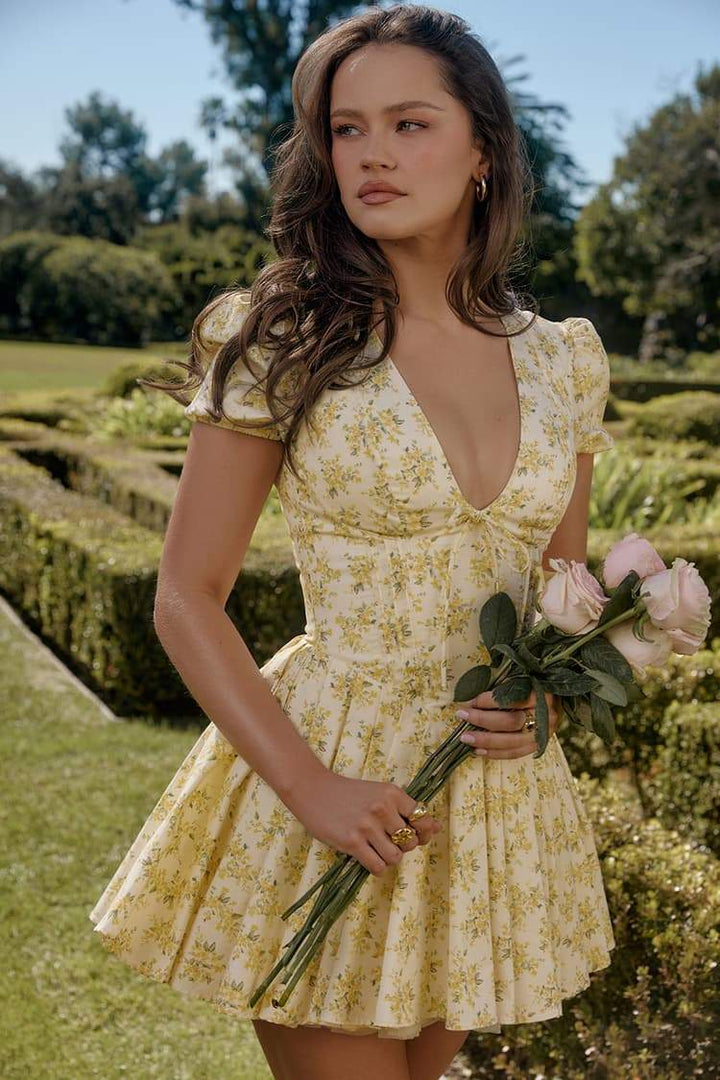 Emily - Korsett-Minikleid mit V-Ausschnitt Blumen-Korsett-Kleid