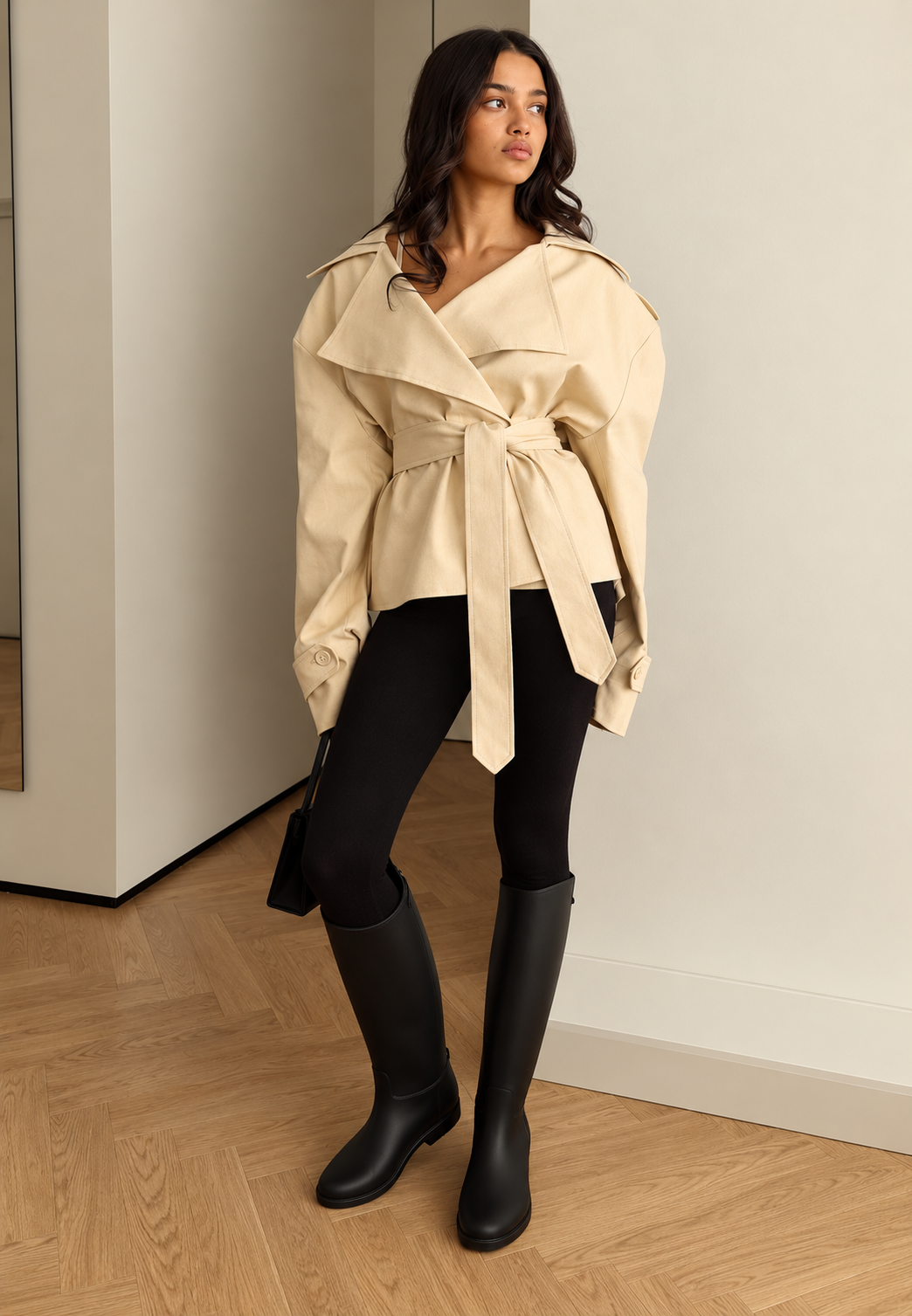 Eleganter kurzer Trenchcoat mit Gürtel und Revers – Nerea