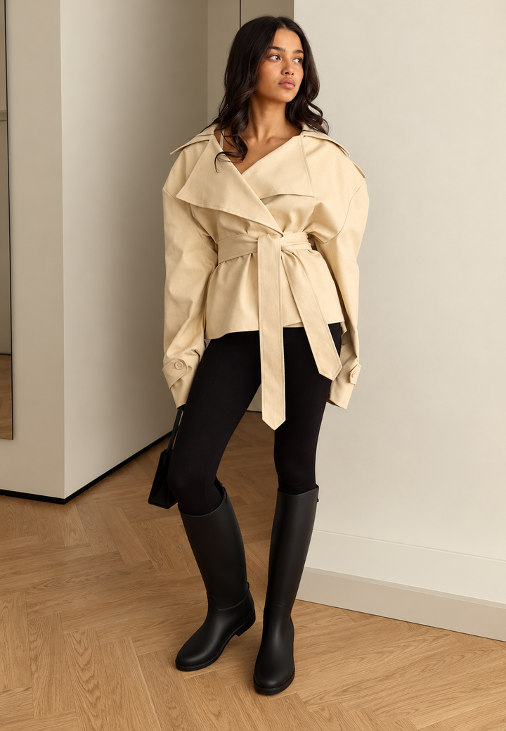 Eleganter kurzer Trenchcoat mit Gürtel und Revers – Nerea