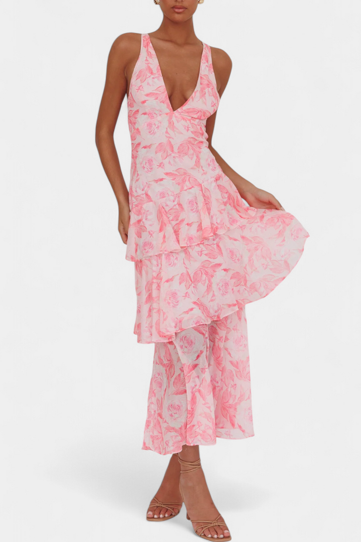 Langes Chiffonkleid mit V-Ausschnitt für Frauen - Domenica