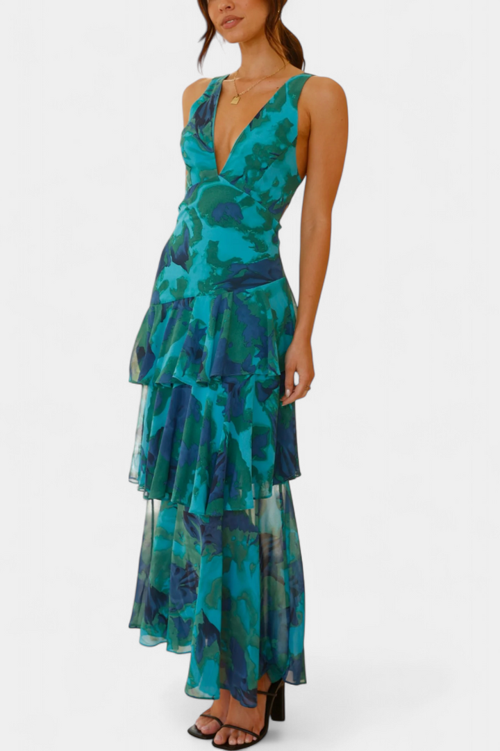 Langes Chiffonkleid mit V-Ausschnitt für Frauen - Domenica