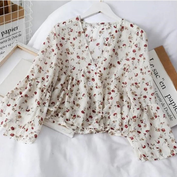 Damen Bluse aus geblümtem Chiffon mit Rüschen fließendem Schnitt - Isadora