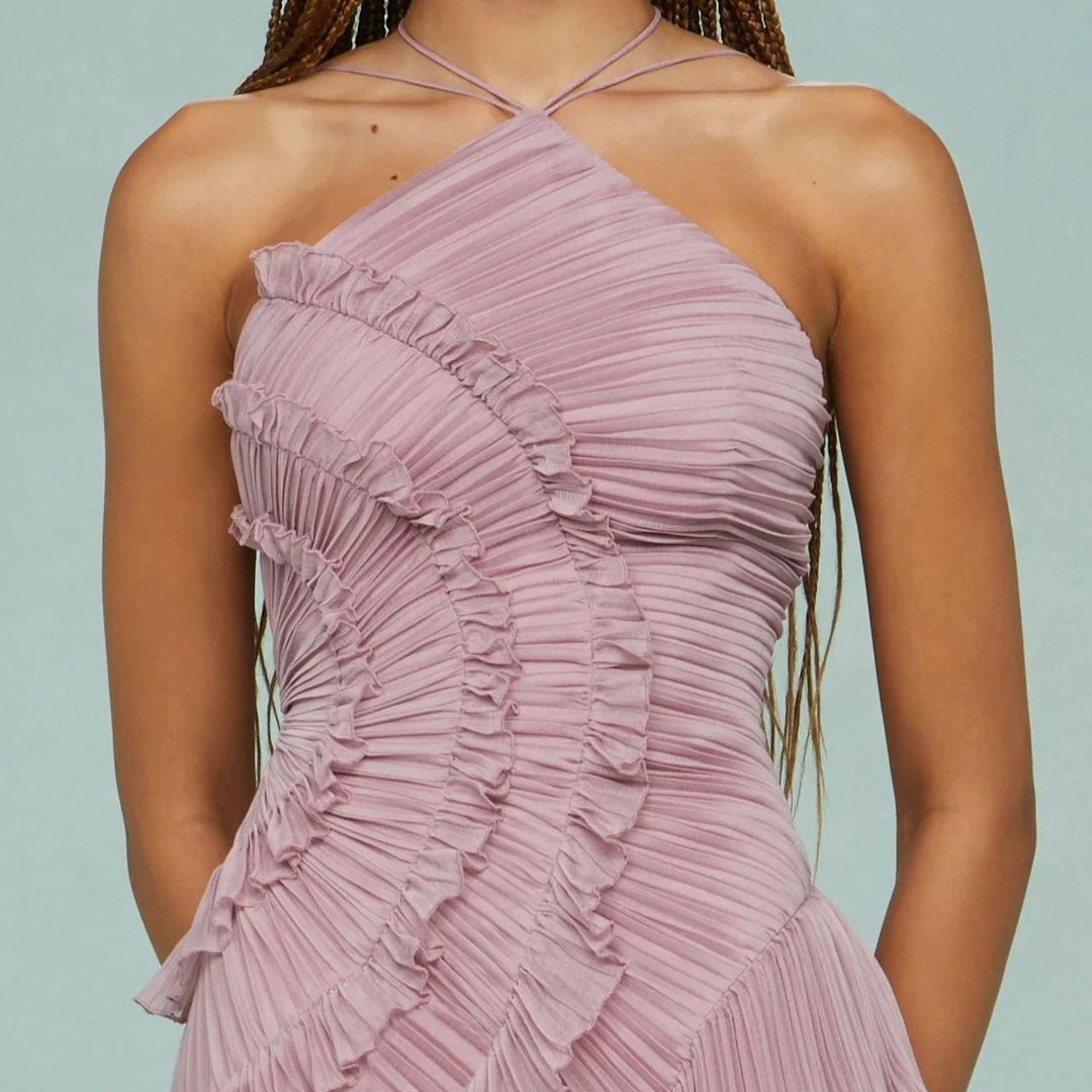 Elegantes asymmetrisches plissiertes langes Chiffonkleid - Violett