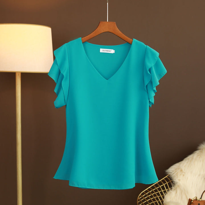 Leichte Chiffonbluse für Damen mit Rüschenärmeln und V-Ausschnitt - Elvira