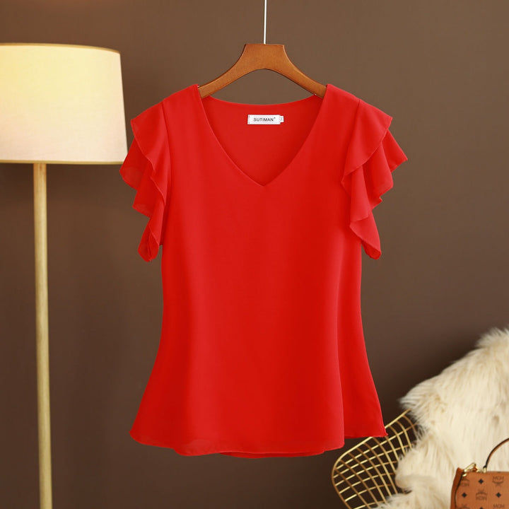 Leichte Chiffonbluse für Damen mit Rüschenärmeln und V-Ausschnitt - Elvira