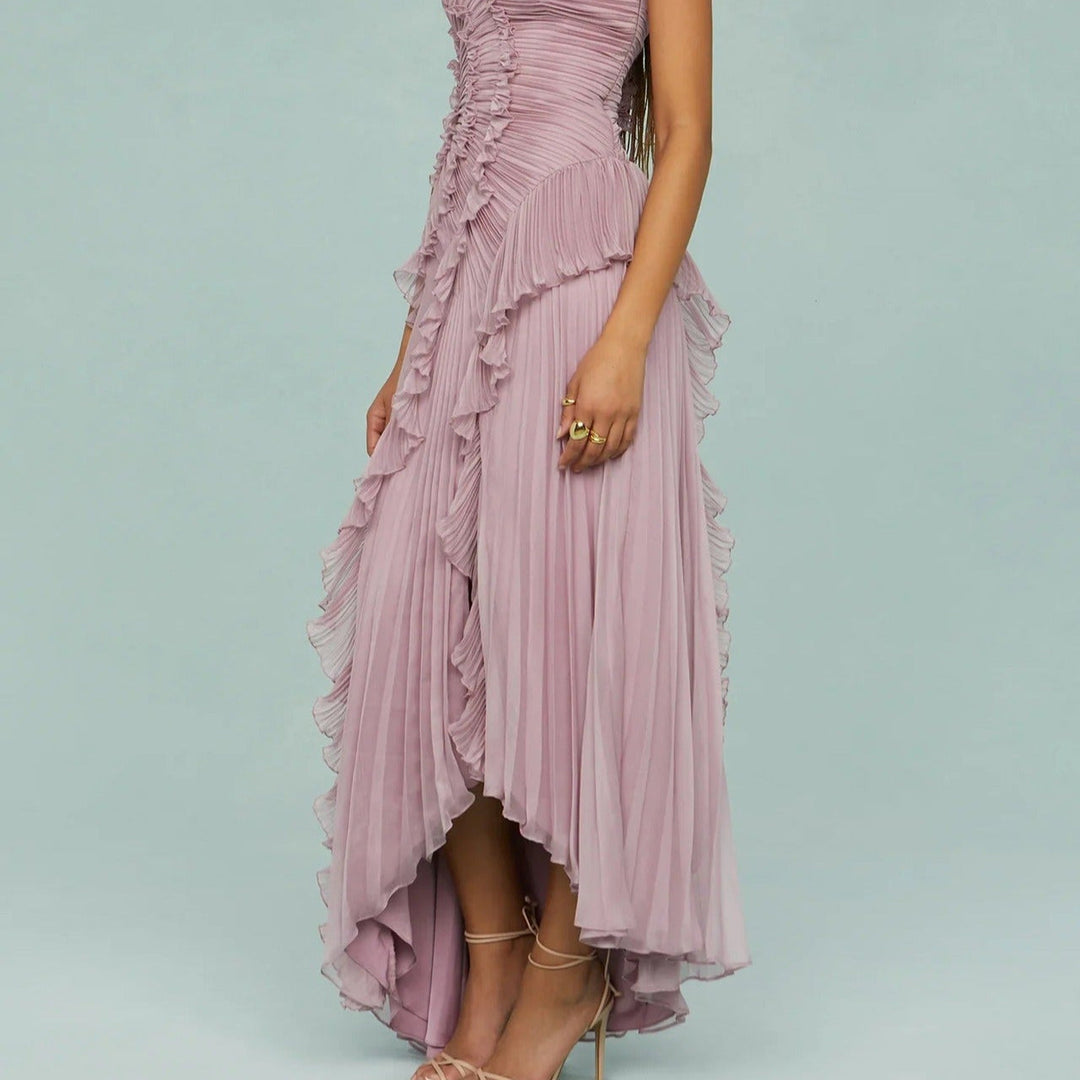 Elegantes asymmetrisches plissiertes langes Chiffonkleid - Violett