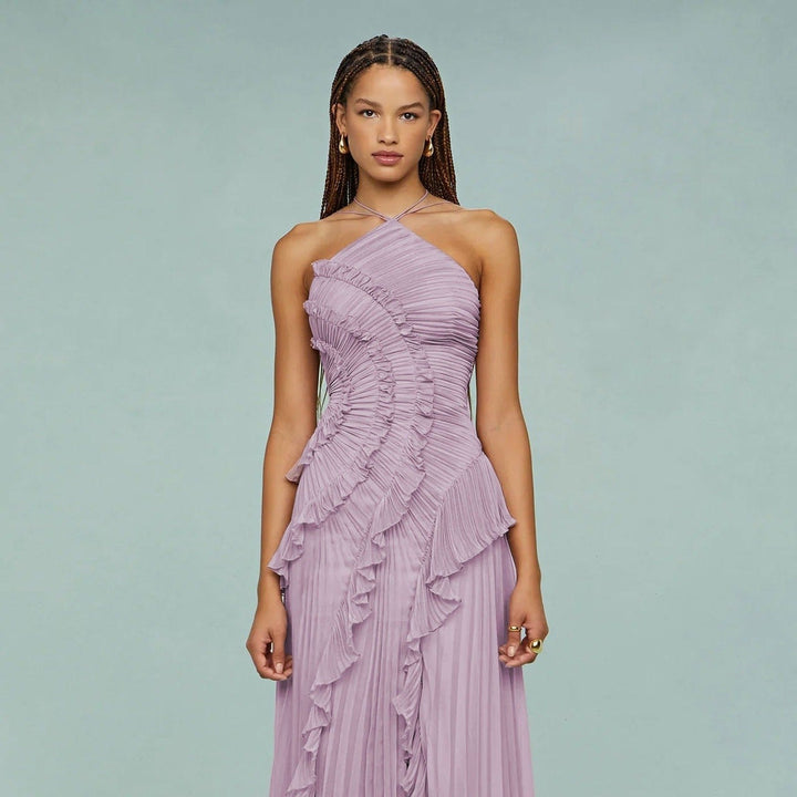 Elegantes asymmetrisches plissiertes langes Chiffonkleid - Violett