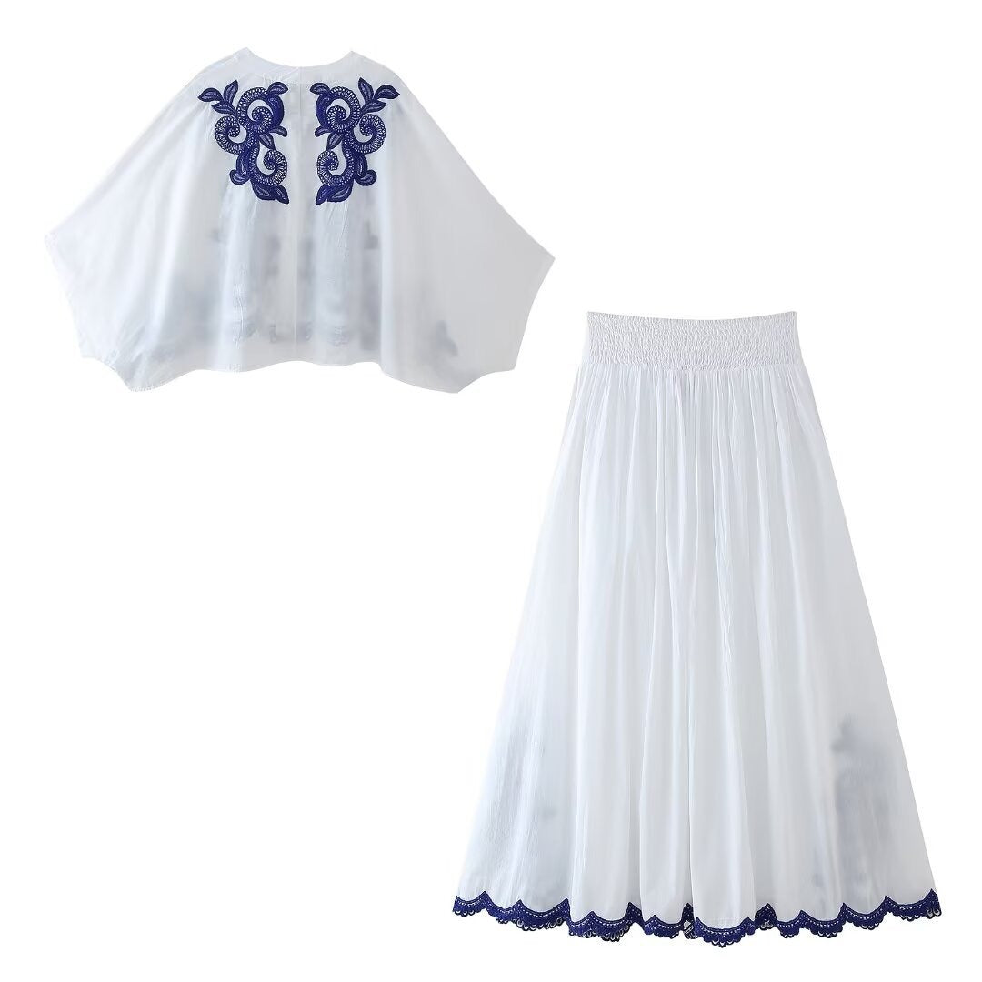 Damenset mit blumenbestickter Bluse und Rock im Bohème-Stil - Alondra