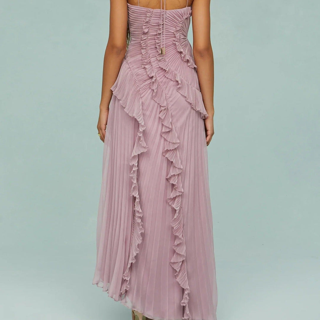 Elegantes asymmetrisches plissiertes langes Chiffonkleid - Violett