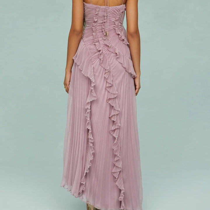 Elegantes asymmetrisches plissiertes langes Chiffonkleid - Violett