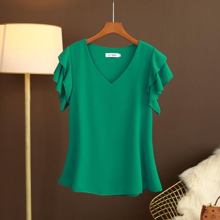Leichte Chiffonbluse für Damen mit Rüschenärmeln und V-Ausschnitt - Elvira