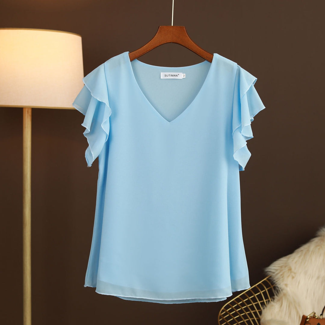 Leichte Chiffonbluse für Damen mit Rüschenärmeln und V-Ausschnitt - Elvira