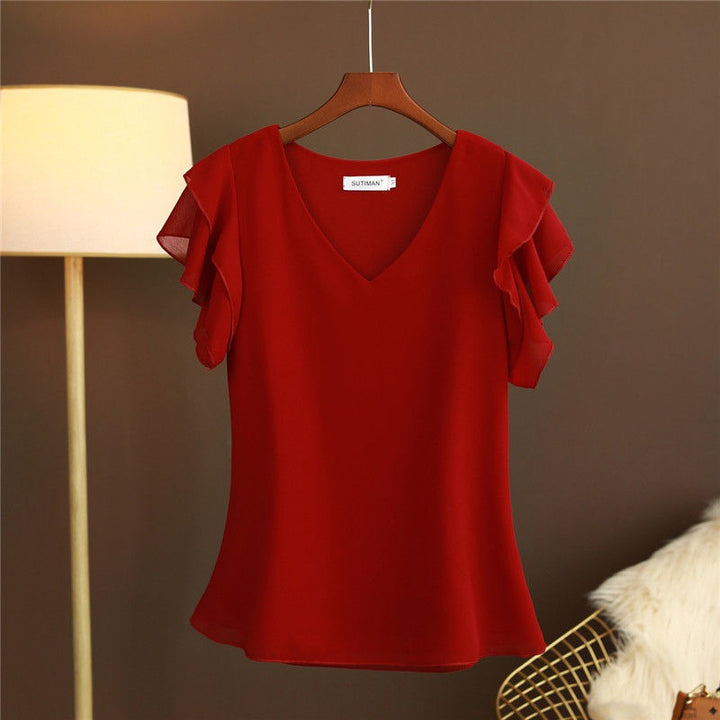 Leichte Chiffonbluse für Damen mit Rüschenärmeln und V-Ausschnitt - Elvira