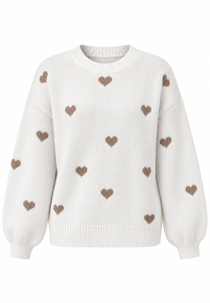 Damen-Strickpullover mit gestickten Herzen und Rundhalsausschnitt - Candela