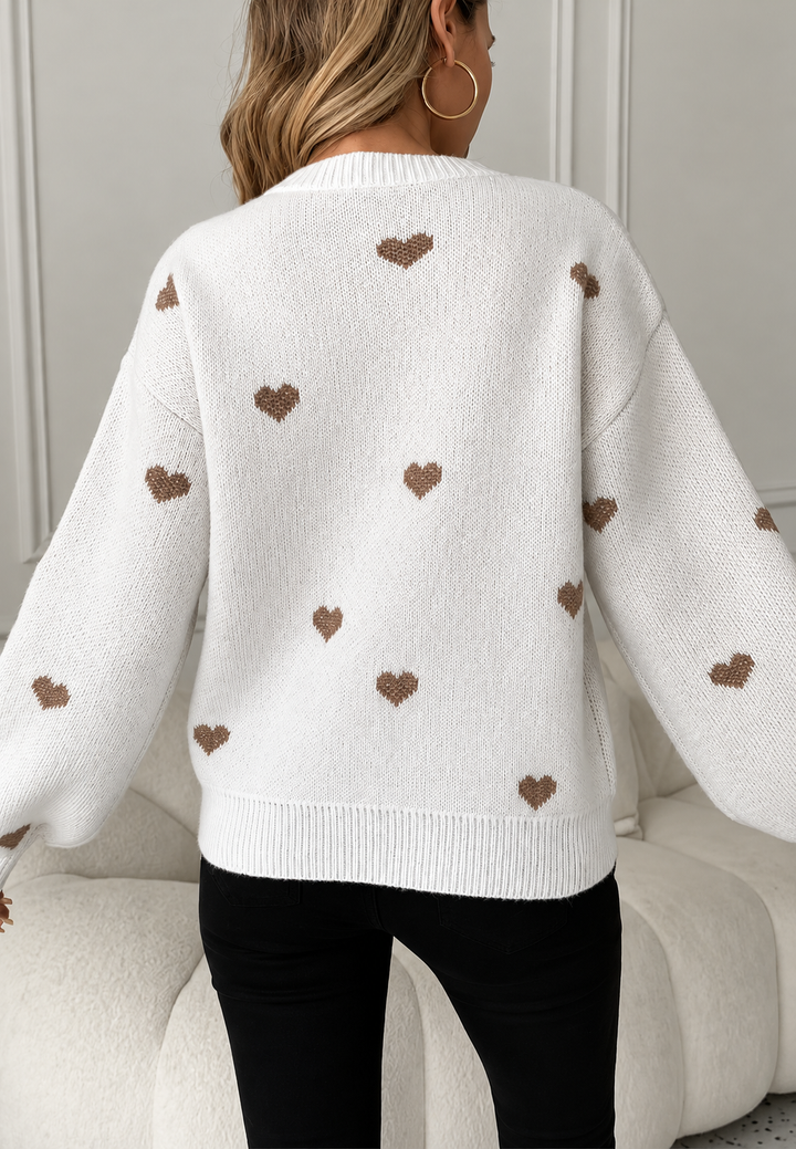 Damen-Strickpullover mit gestickten Herzen und Rundhalsausschnitt - Candela
