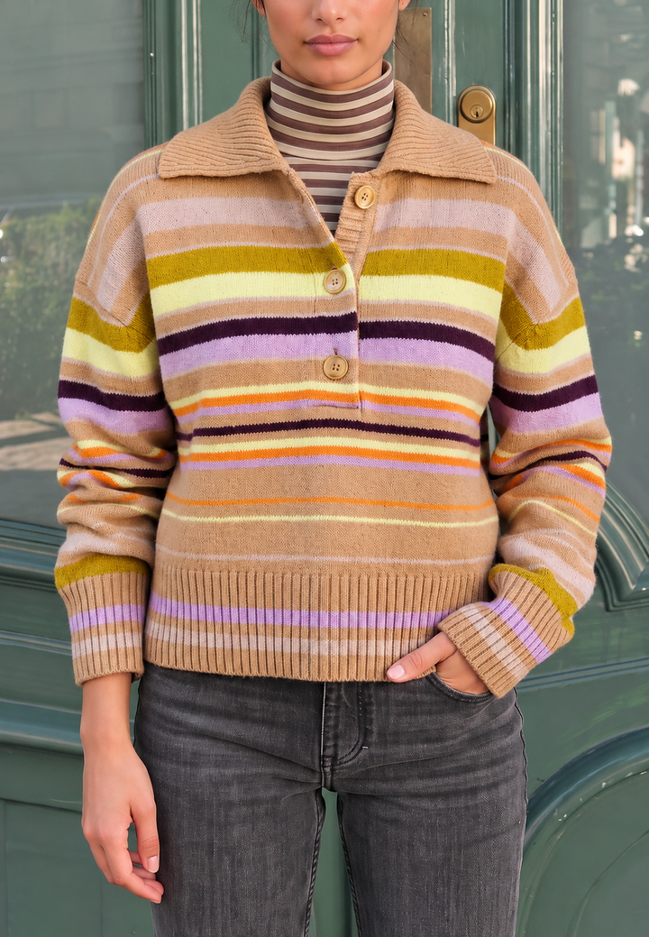 Damen-Strickpullover mit mehrfarbigen Streifen, Polokragen und Knöpfen - Tiziana