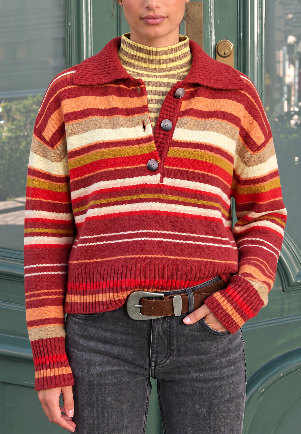 Damen-Strickpullover mit mehrfarbigen Streifen, Polokragen und Knöpfen - Tiziana