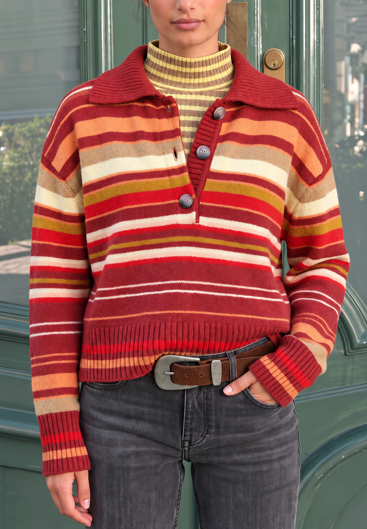 Damen-Strickpullover mit mehrfarbigen Streifen, Polokragen und Knöpfen - Tiziana