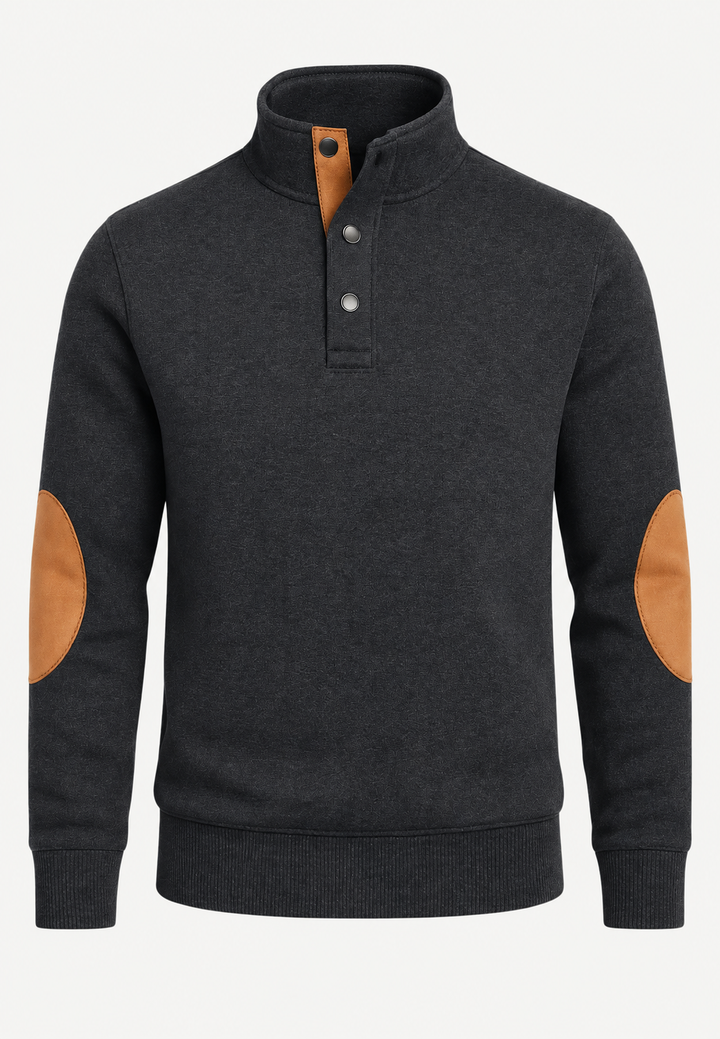 Herrenpullover mit Rollkragen, Knöpfen und kontrastfarbenen Ellbogenpatches – Thorben