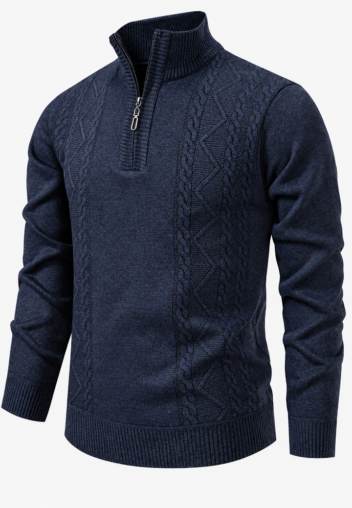 Herren-Zopfstrickpullover mit Stehkragen und halbem Reißverschluss - Beltrán