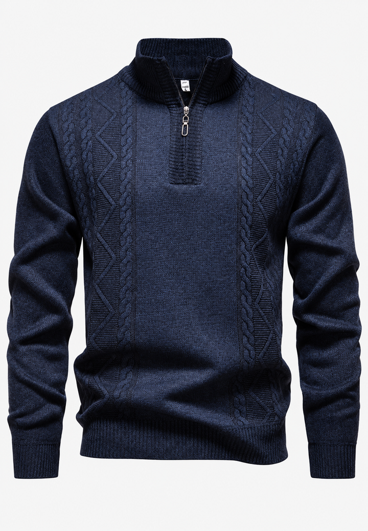 Herren-Zopfstrickpullover mit Stehkragen und halbem Reißverschluss - Beltrán