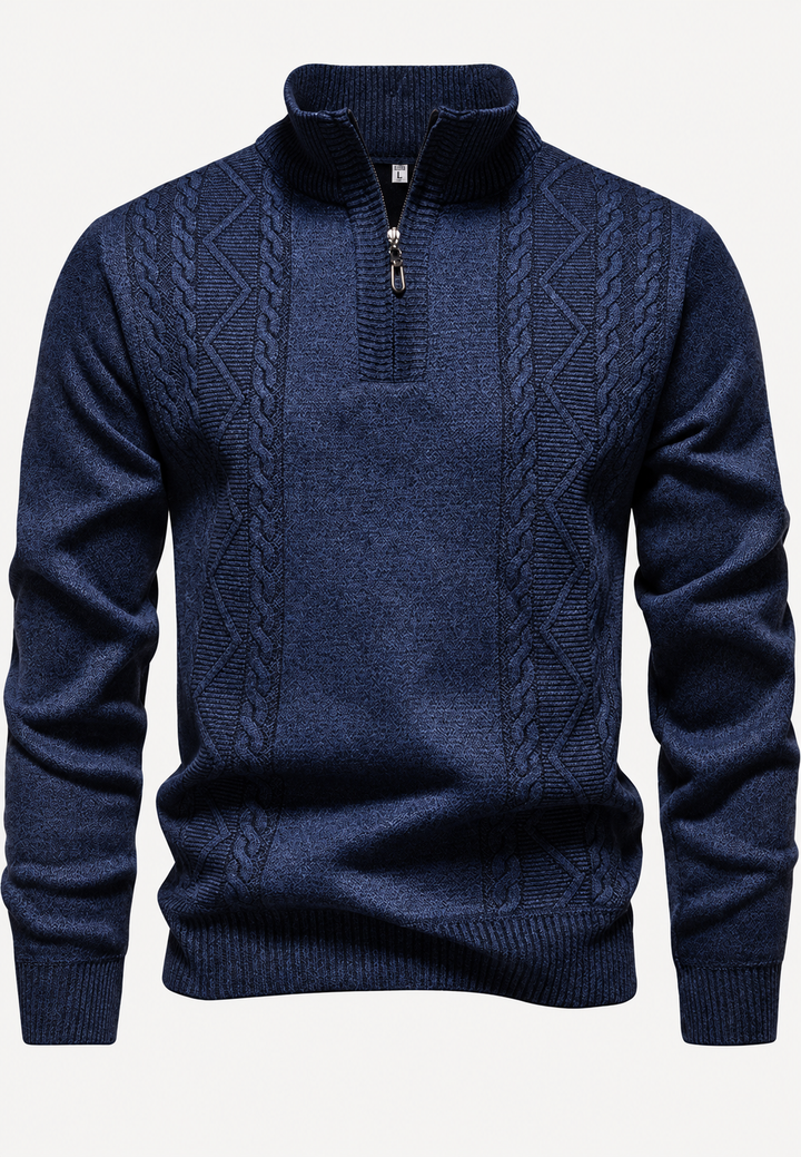 Herren-Zopfstrickpullover mit Stehkragen und halbem Reißverschluss - Beltrán