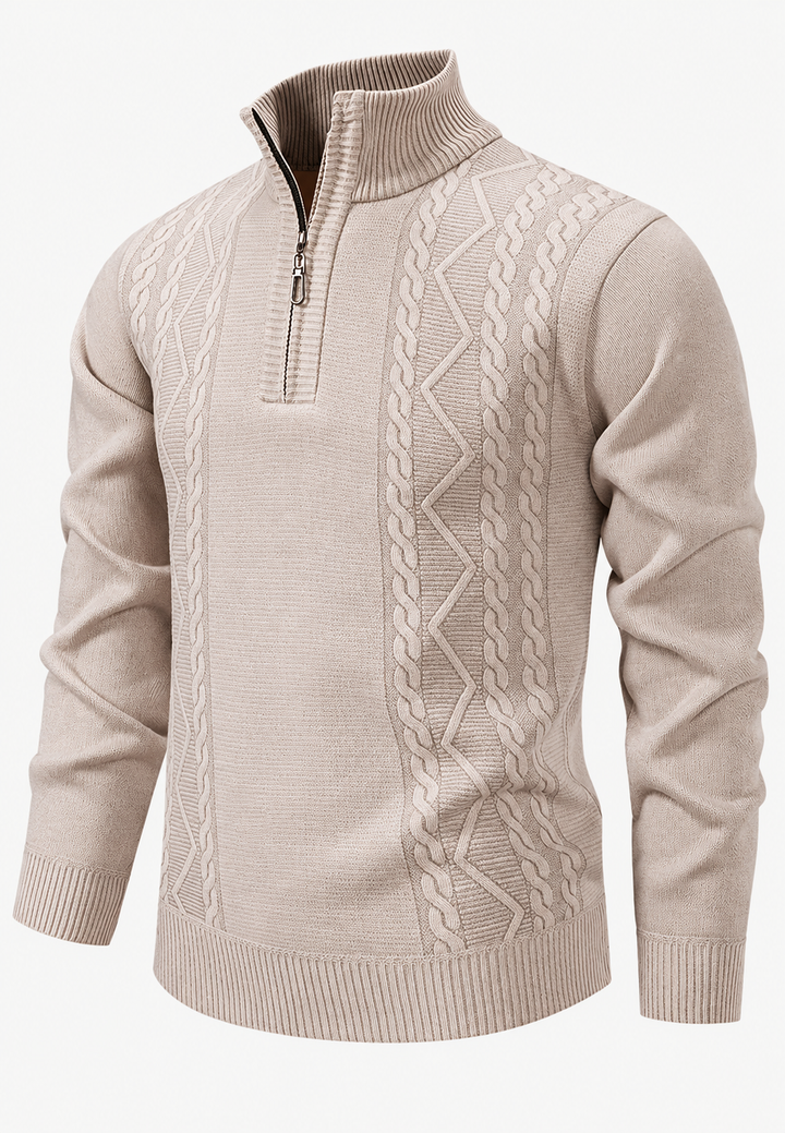 Herren-Zopfstrickpullover mit Stehkragen und halbem Reißverschluss - Beltrán