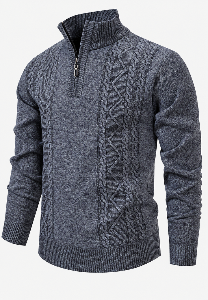 Herren-Zopfstrickpullover mit Stehkragen und halbem Reißverschluss - Beltrán